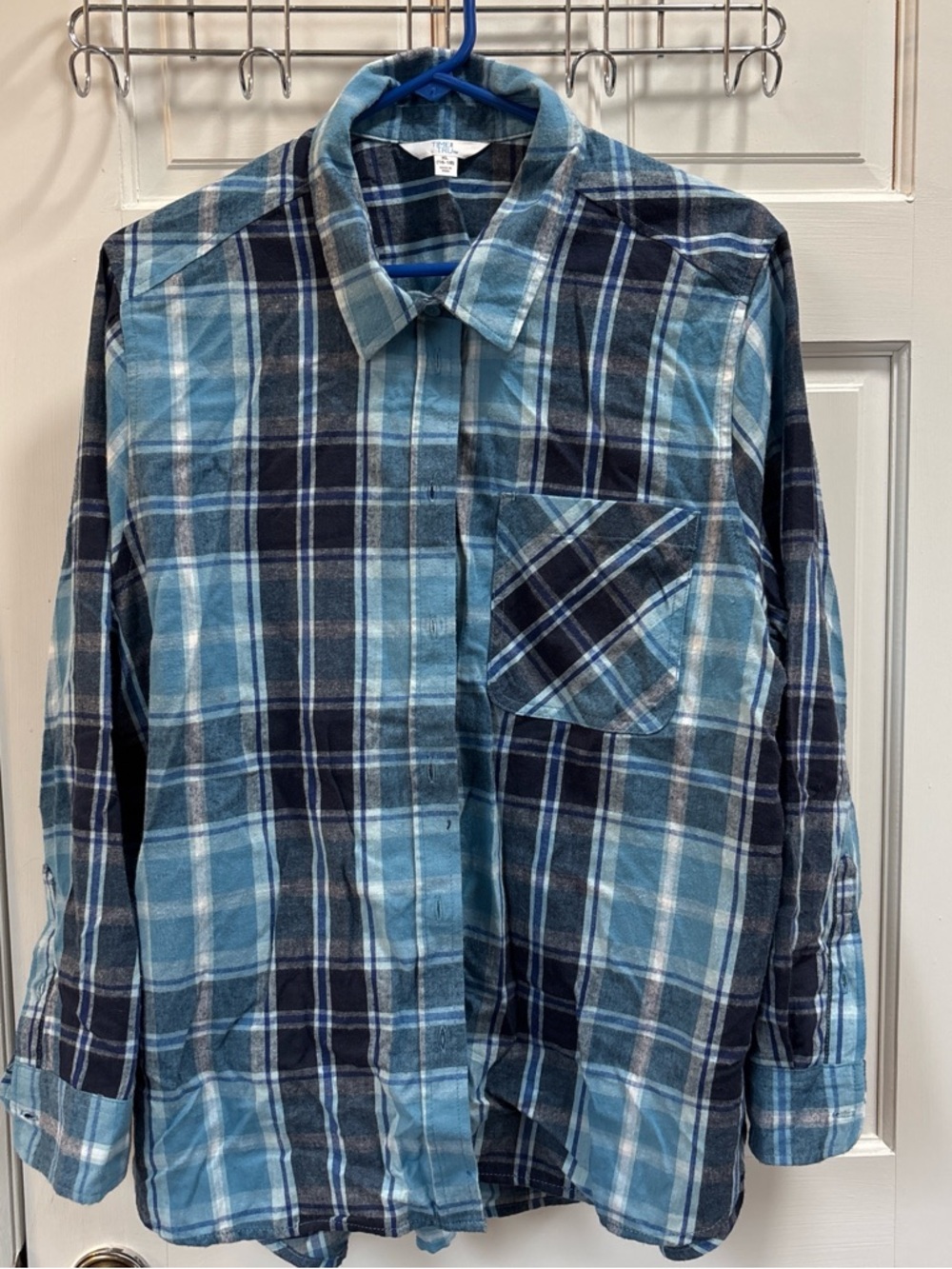 Time and Tru Men's Light Blue and Navy Plaid Button-Down Shirt